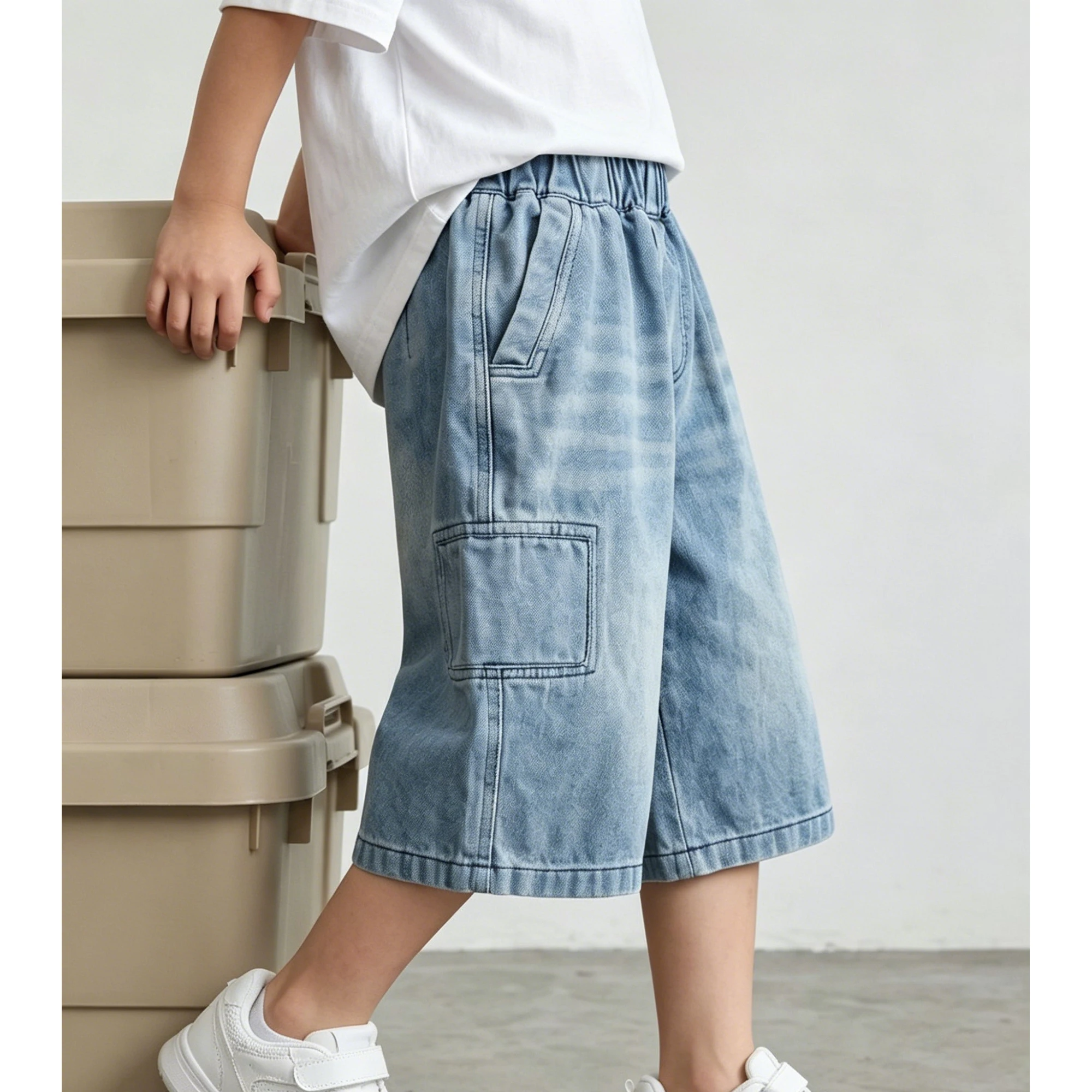 Boys'  Summer Soft  Denim Short cropped trousers  Mid-Length Straight Loose Casual Versatile Pants