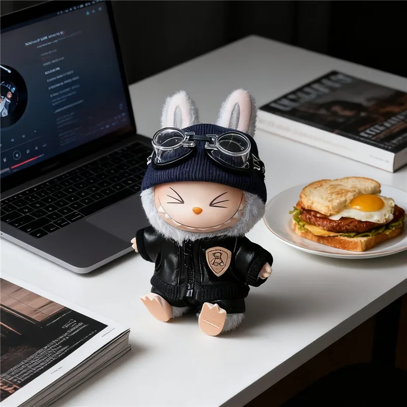 15 17 cm Für Labubu Puppe Cool Boy Mann Leder Jacke Mantel Kleidung Schwarz Zipper Bär Hoodie Schuhe Headset Kleidung zubehör