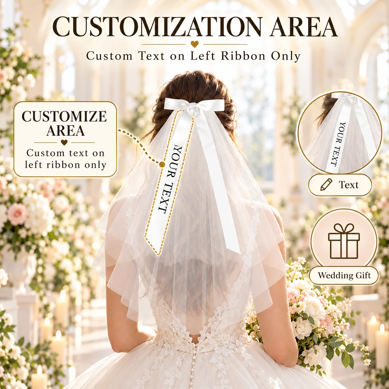 Custom Bridal Veil Bow Personalized Name Wedding Hair Accessory Polyester Tulle Bride Bow Veil for Ceremony Bridal Shower Party
