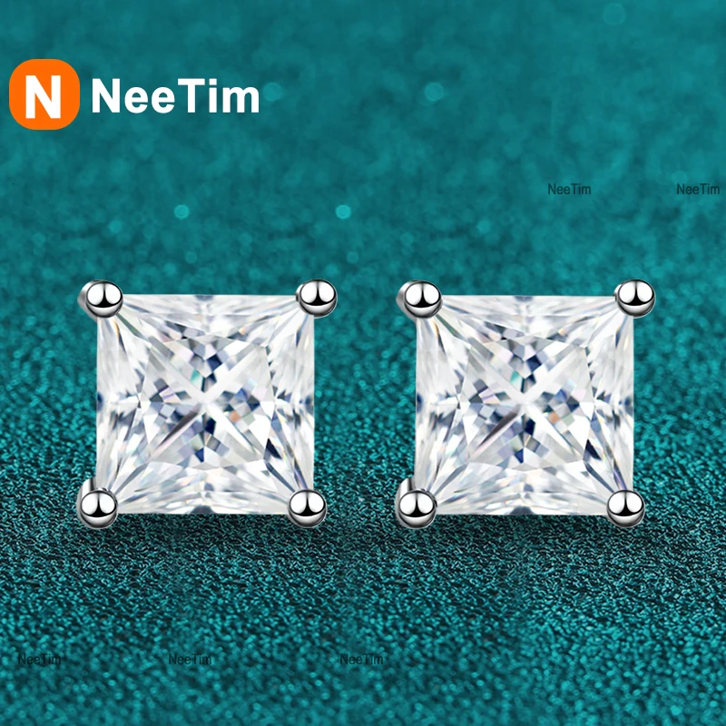

NeeTim 1ct 2ct серьги с муассанитом огранки принцессы s925 стерлингового серебра с покрытием из белого золота серьги-гвоздики для женщин ювелирные изделия
