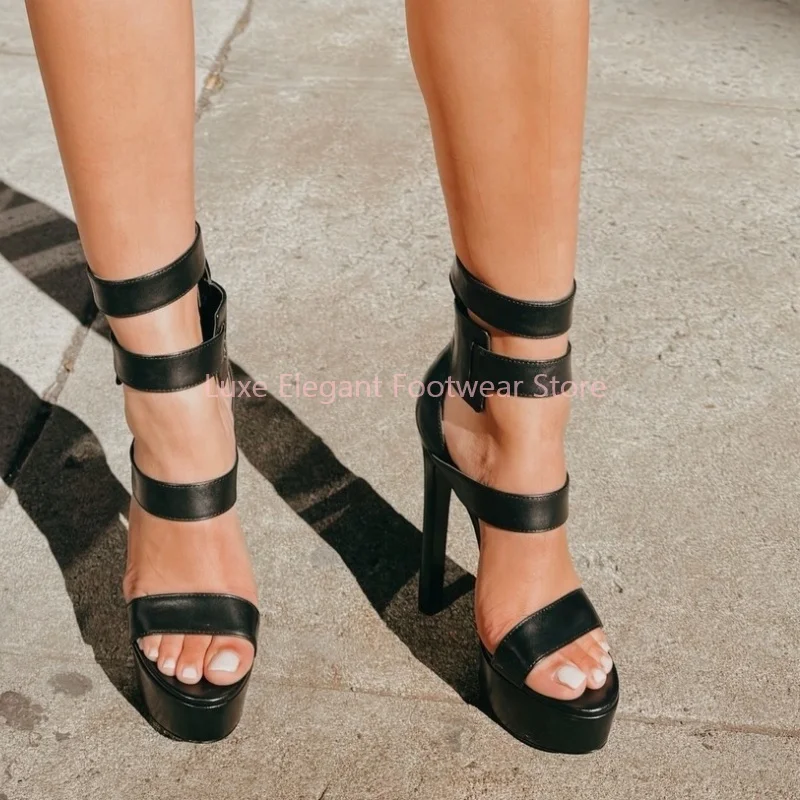 Black Leather Back Zipper Platform Stiletto Sandals Women Hollow Ankle Strap Peep Toe High Heels Sexy Narrow Band Party Shoes