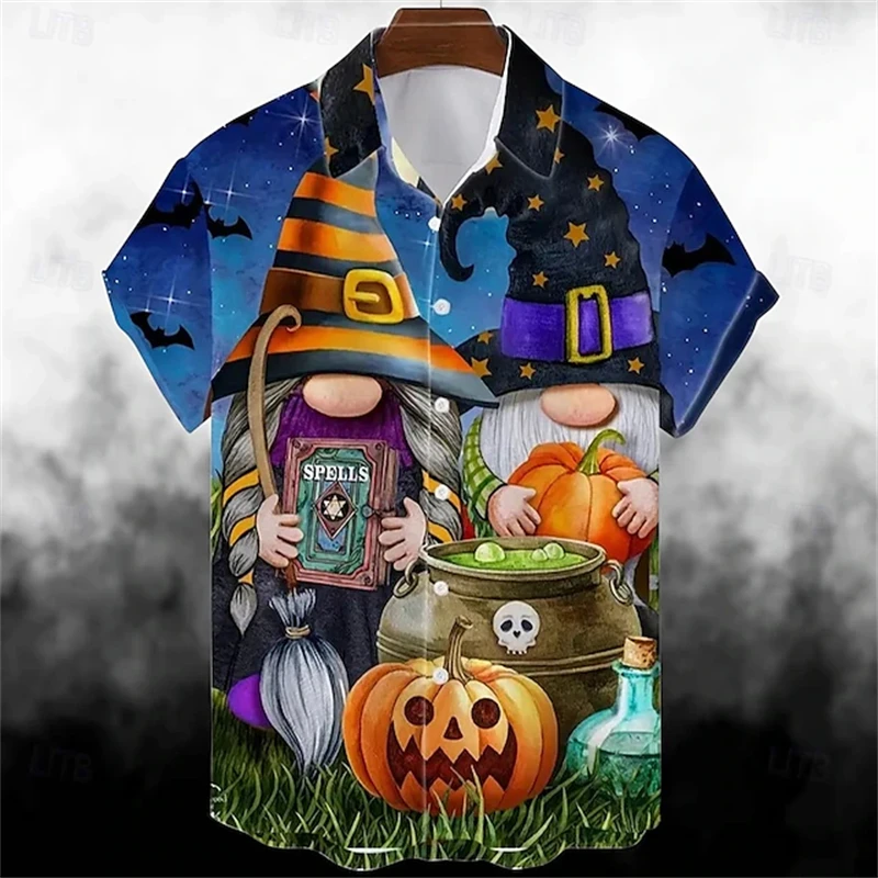 

Мужская летняя гавайская рубашка с отворотом Y2k и карликом с тыквой, модная милая повседневная рубашка в стиле Харадзюку на Хэллоуин, большой размер, с коротким рукавом