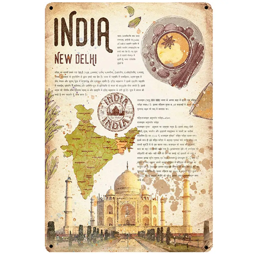 Retro Design India New Delhi Tin Metal Signs Wall Art | Thick Tinplate Print Poster Wall Decoration for Garage