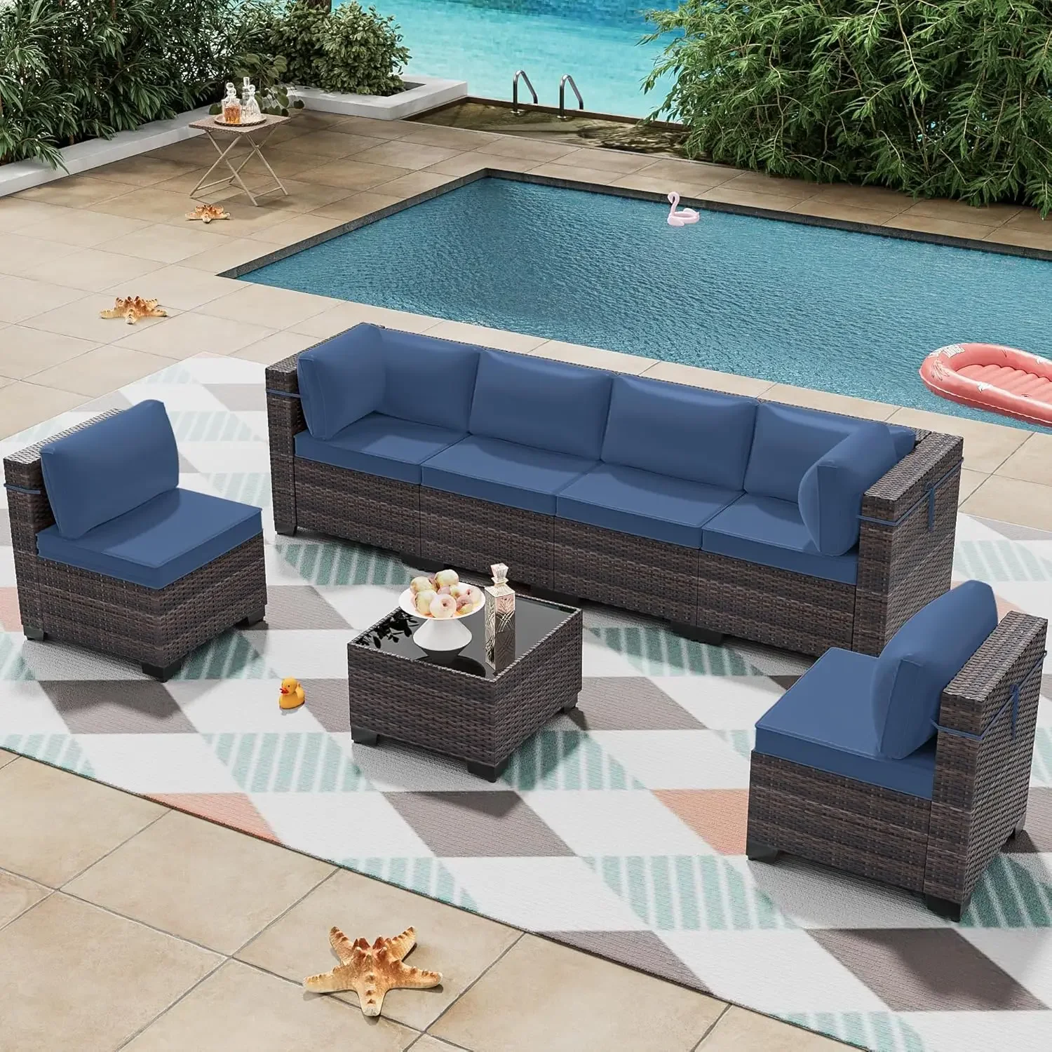 7PCS Outdoor Furniture Patio Sectional Sofa PE Wicker Modular Conversation Sets w/ Coffee Table,6 Chairs & Seat Clips(Dark Blue)