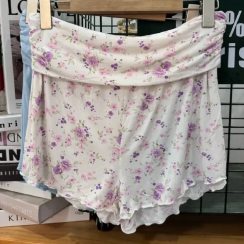 Women High Waist Ruched Waistband Floral Print Shorts Soft Stretchy Comfortable Ruffle Hem Summer Sissy Breathable Lingerie