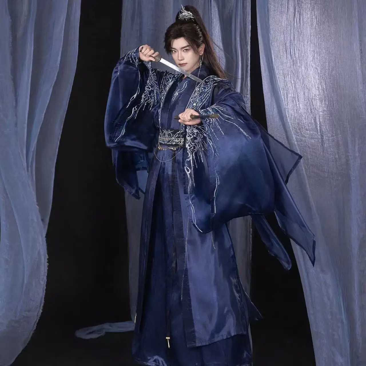 

Cyan Wuxia Martial Woven Hanfu Men Women Traditional Chinese Embroidery Clothing Halloween Party Cosplay Costume Niche Suit Male