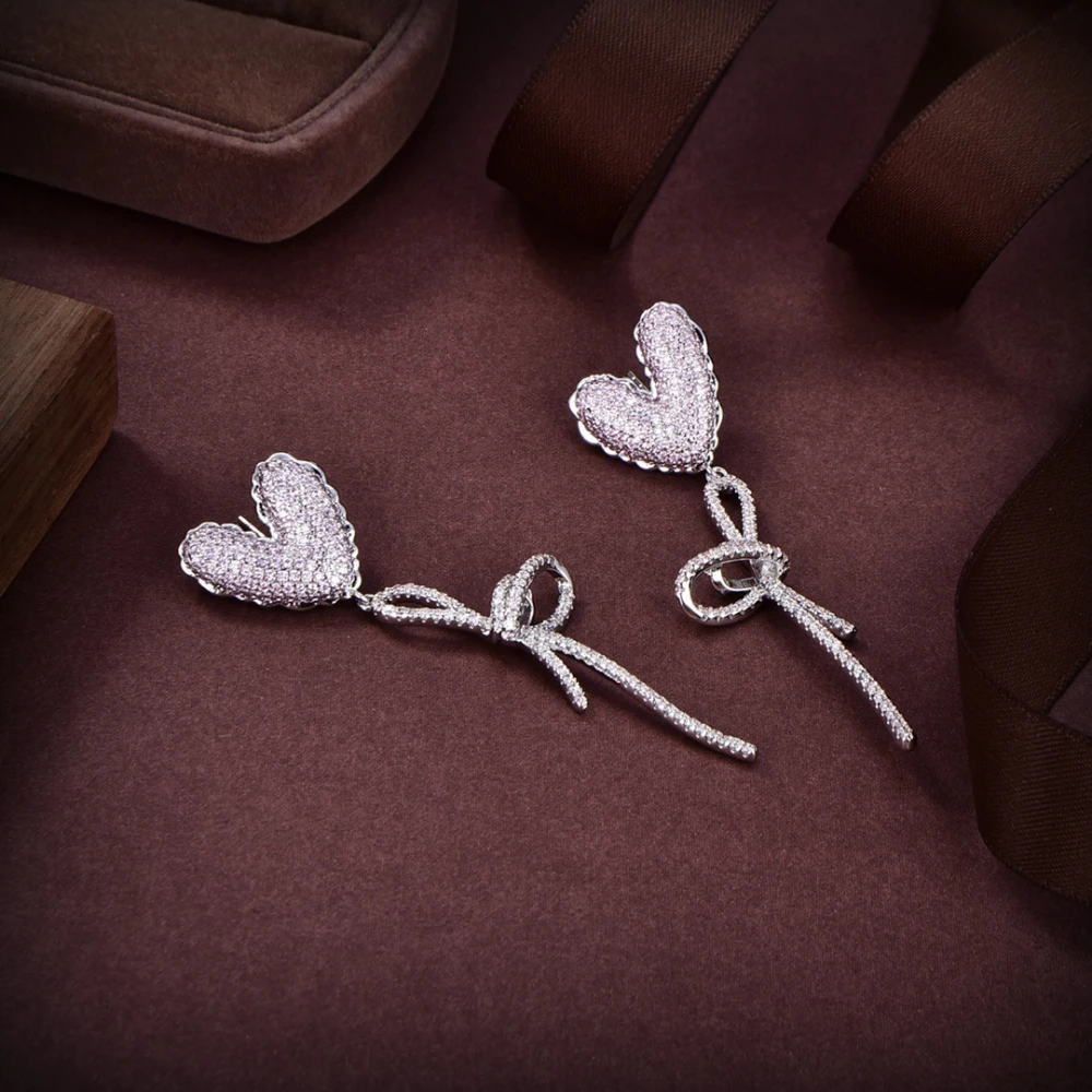 Heart-Shaped Bow Ribbons Zircon Long Earrings Sweetly Romanticize The Face Shape