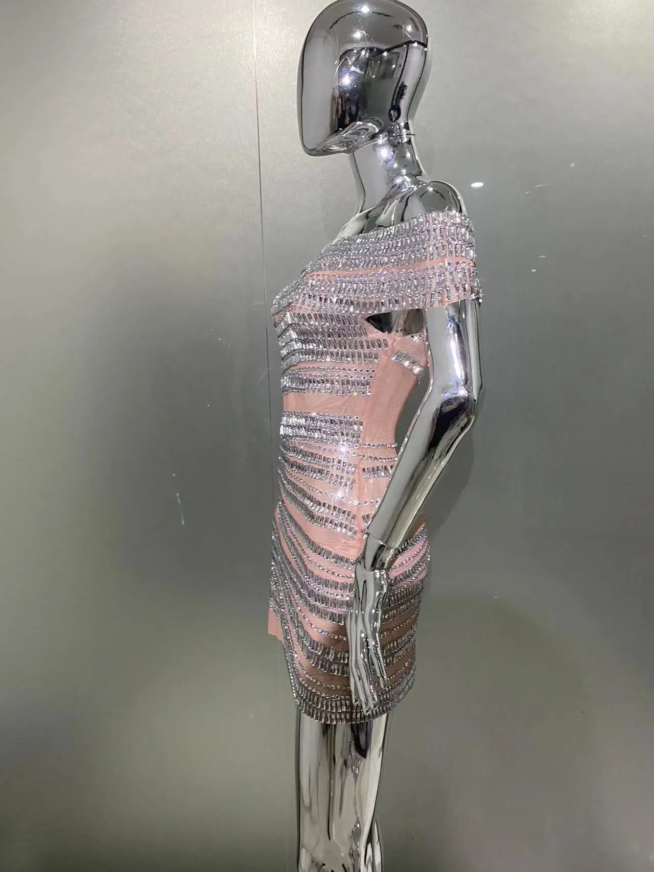 Luxury Sparkling Rhinestone Sexy One-Word Collar Transparent Mesh Mini Dress For Birthday Party Celebration Luxury Evening Gowns