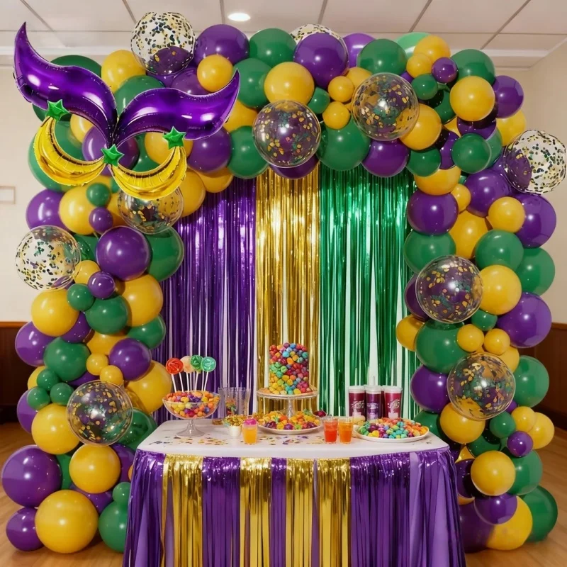 124 Stück brasilianisches Karnevals-Ballonbogen-Set, 24 Zoll lila S-Ballons, 18 Zoll goldene Mond-Folienballons gepaart mit lila, dunkelgrünen und gelben Latexballons, geeignet für brasilianische