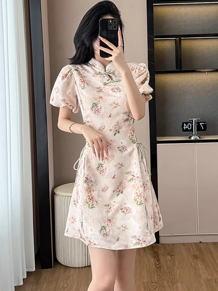 Robe Cheongsam d'été à col montant pour femmes, manches bouffantes, moulante, à bandes, mode coréenne, élégante, Festival, 2025