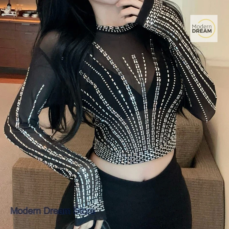 

French heavy industry hot drilling long sleeve sunscreen T-shirt women sexy short mesh bottoming shirt in spring and summer.