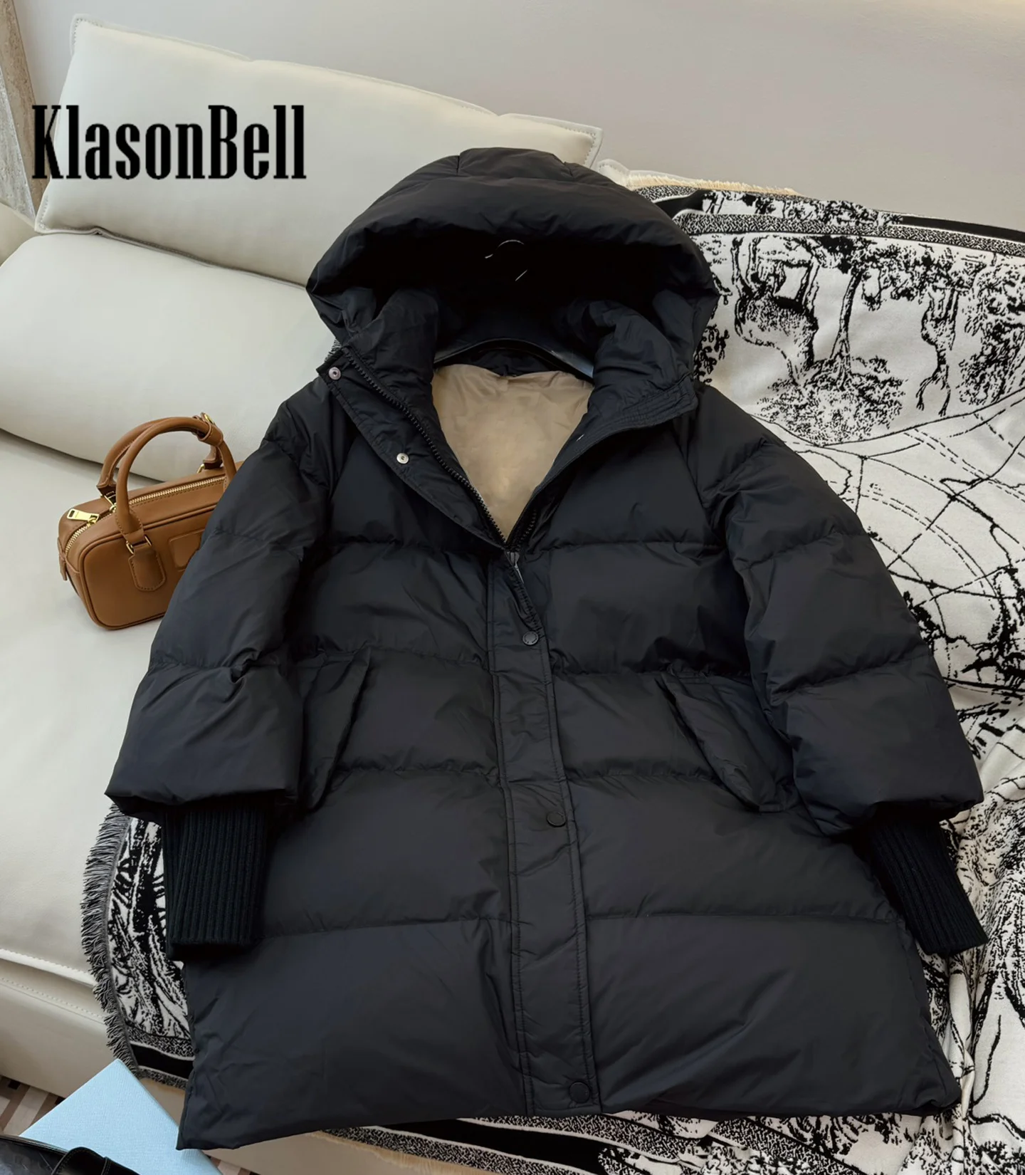 9.5 KlasonBell Women Fashion Casual Ribbed Knit Long Sleeve Spliced Design Hooded Mid-Length White Goose Down Outerwear