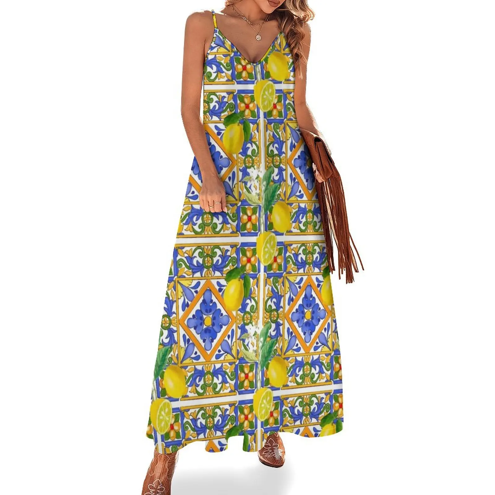 

Summer ,Sicilian tiles ,citrus,oranges,majolica,lemons ,Mediterranean Sleeveless Dress clothes for women party dresses woman