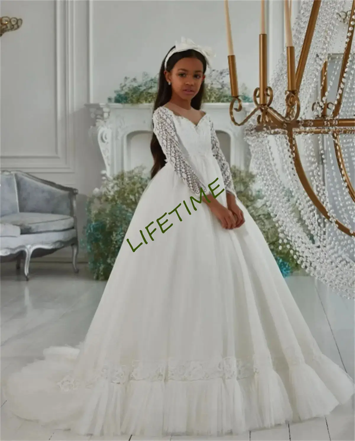 Blumen mädchen Kleid weiß flauschigen Tüll funkelnden Langarm Hochzeit elegante Blume Kind erste eucharis tische Geburtstags feier Kleid