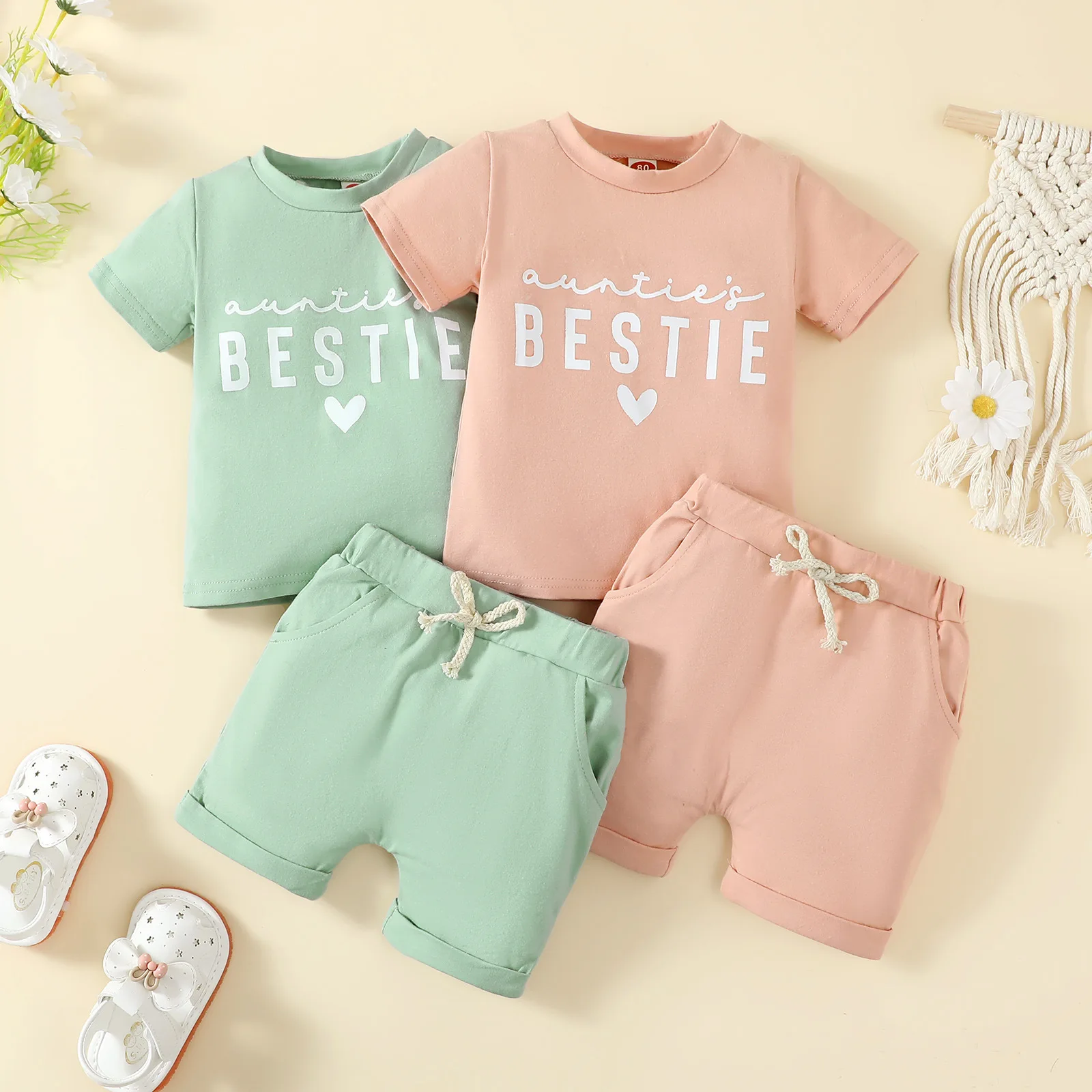 2PCS Summer Baby Girl Children Round Necked Auntie's Bestie Printing Clothes Short Sleeved Cotton Green Pink Short Sleeved Shirt