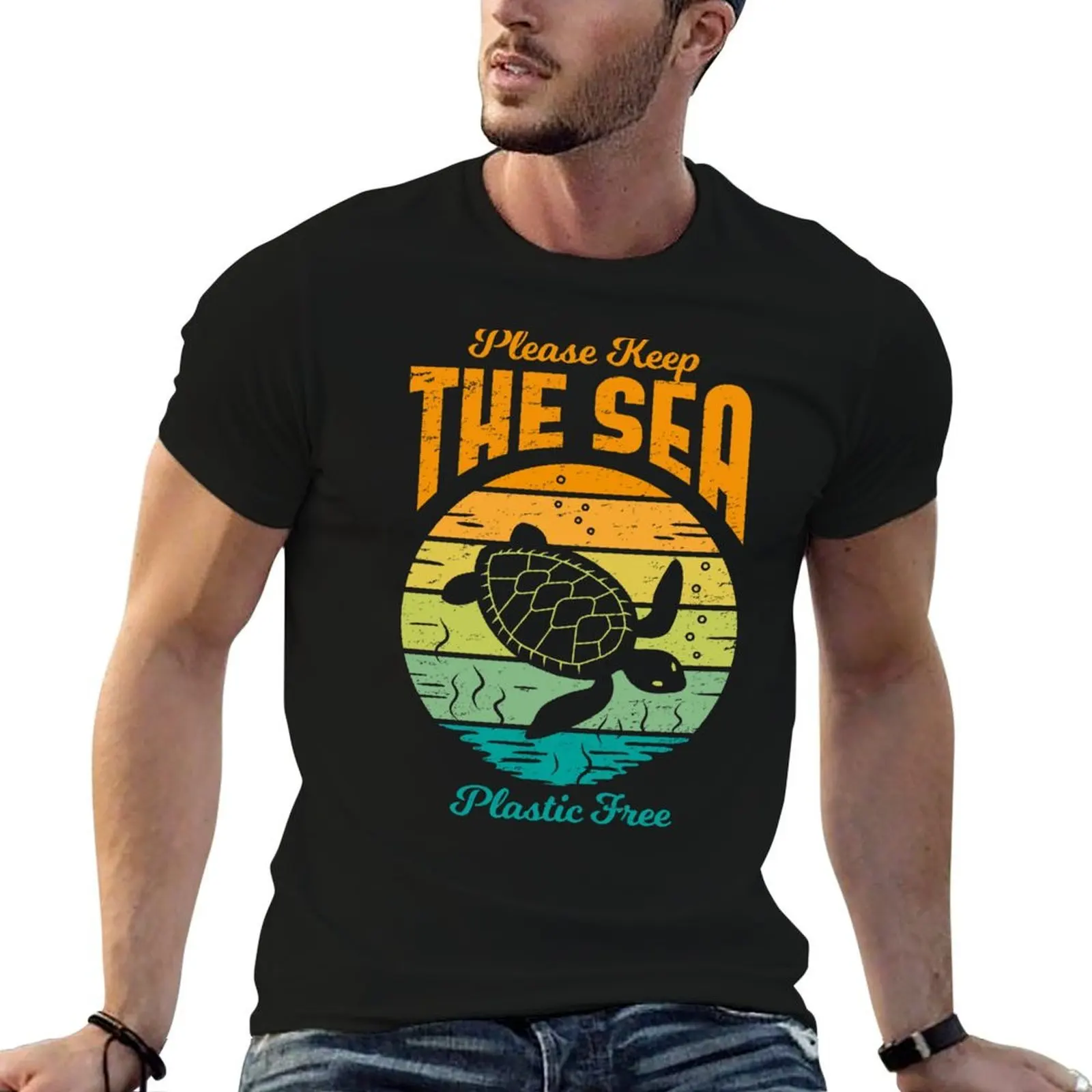 Please Keep the Sea Plastic Free - Retro Turtle T-Shirt graphics vintage clothes mens cotton t shirts
