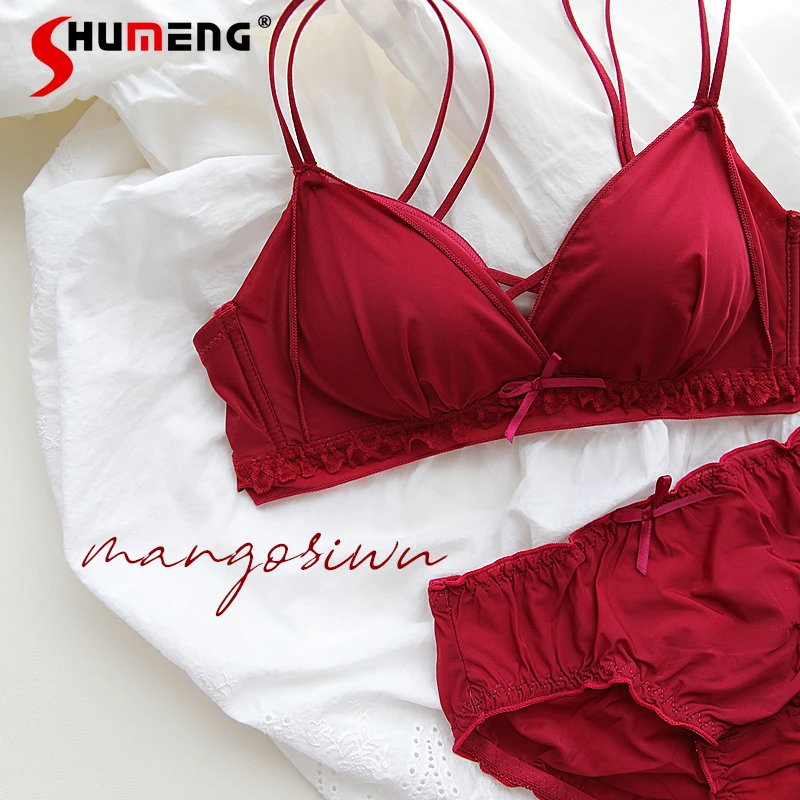

French Style Thin Cup Bra Set for Girls Red Push Up Small Chest Sexy Solid Intimates Women's Japanese Sweet Brief Suits