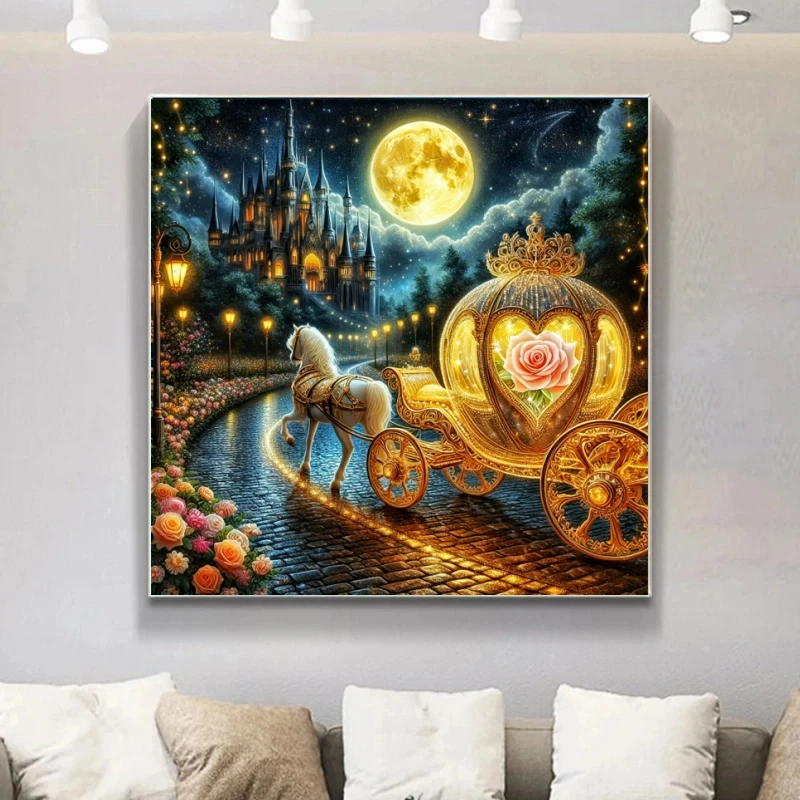 Fantasie Prinzessin Kutsche 5D Diamant Malerei Stickerei Straße Mosaik Schloss Landschaft Bild Strass Mond DIY Haus Geschenk