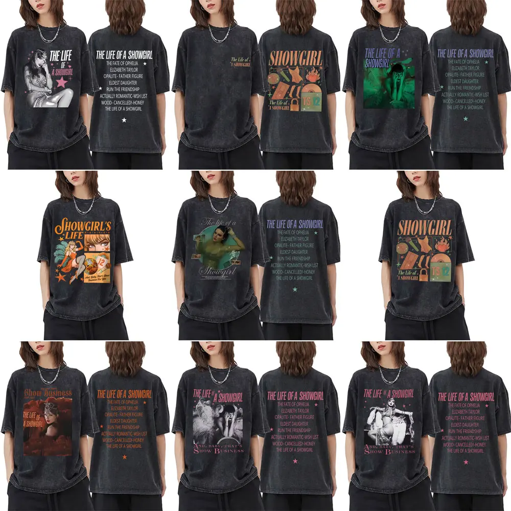 

The Life of A Showgirl Album 2025 Washed Vintage T-shirt Men Women Fashion Pop Music T Shirts Unisex Cotton Oversized T-shirts