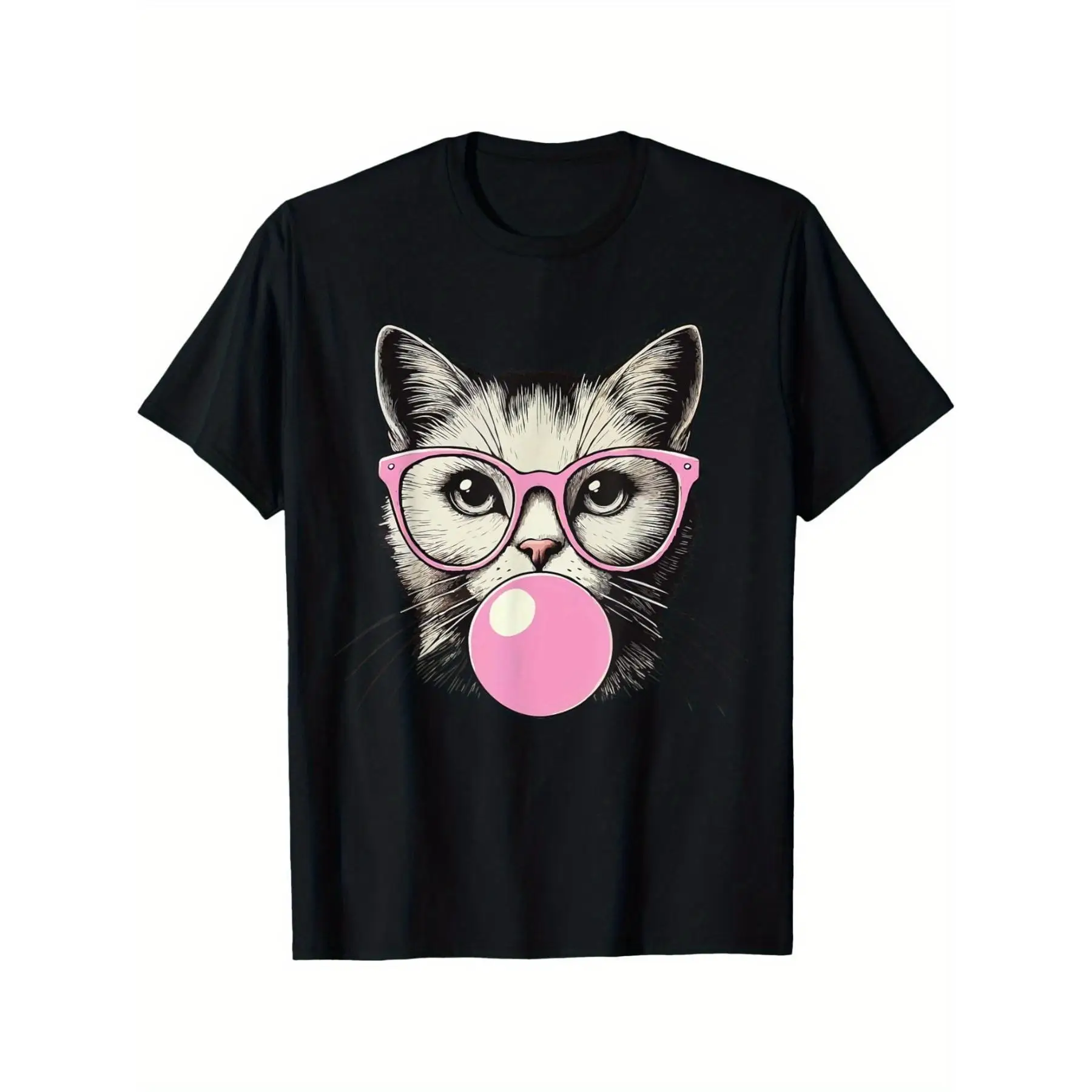 

Cat Graphic T-Shirt Women’s Casual Cute Kitty with Glasses Bubblegum Print Top for Summer Streetwear S-3XL