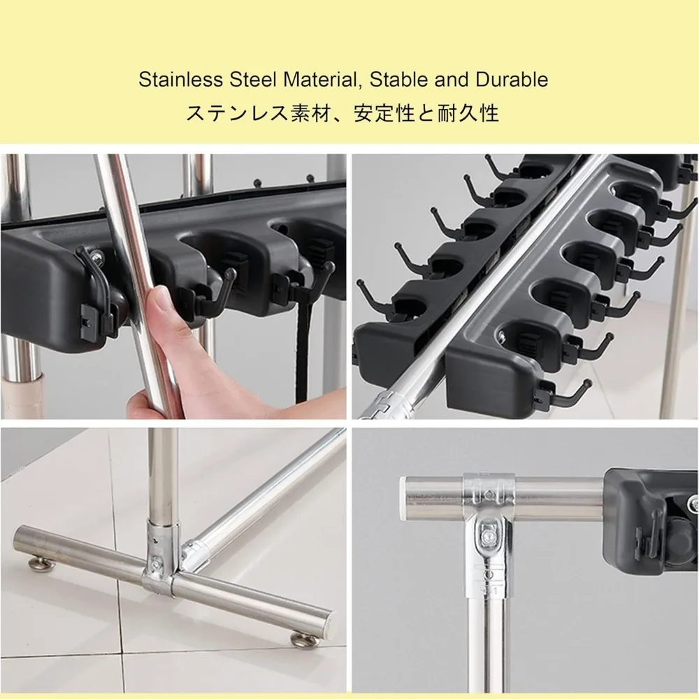 Wall-Mounted Mop Holder for Commercial Use, Adjustable Cleaning Supply Organizer and Garden Tool Storage Rack