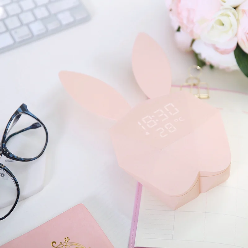 Cute Rabbit Led Night Light Bunny Digital Alarm Clock Intelligent Sound Control Usb Rechargeable Table Wall Clock For Home Decor