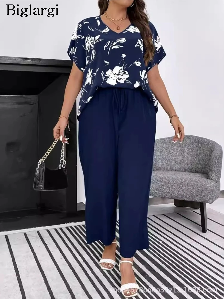 Plus Size Summer 2 Two Piece Set Women Short Sleeve Floral Print Modis Casual Ladies Blouses Loose Elastic High Waist Woman Pant