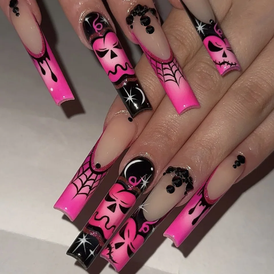 

24pcs Long Ballet French Press on Nails Spice Girl Halloween Spider Ghost False Nails Wearable Reusable European Fake Nail Tips