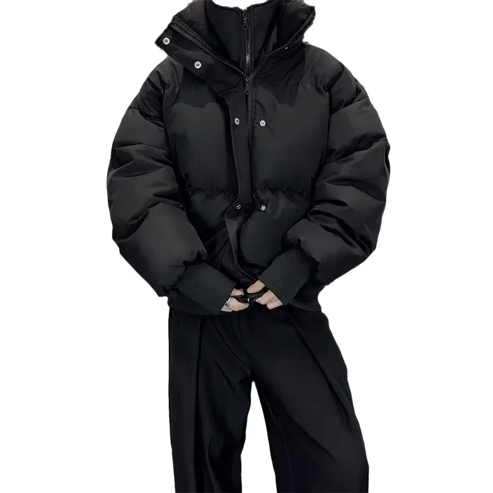 

Winter Thickened Black Cotton Jacket Men's Casual Style Stand Collar Fake Two-Piece Design Comfortable Loose Fit Outerwear