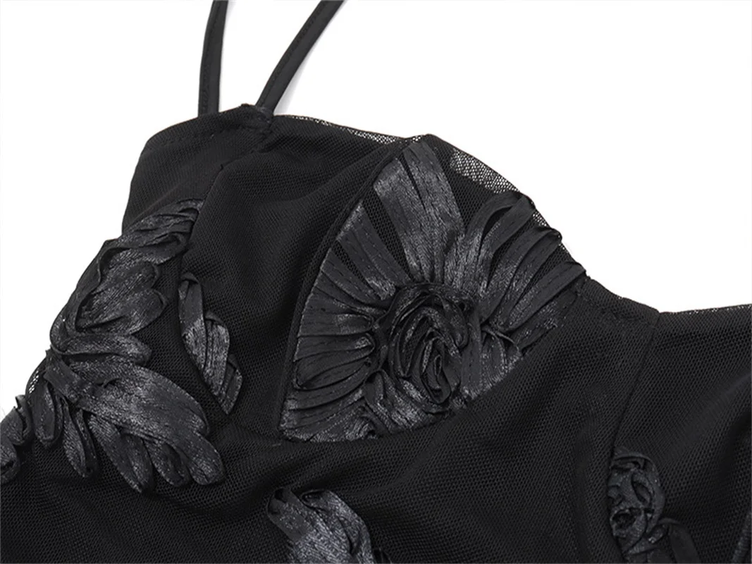 Spaghetti Strap Retro Print Women's Autumn Evening Dress Backless Deep-V Neck Bandage Gown Black High Waist Party Skirt Newest