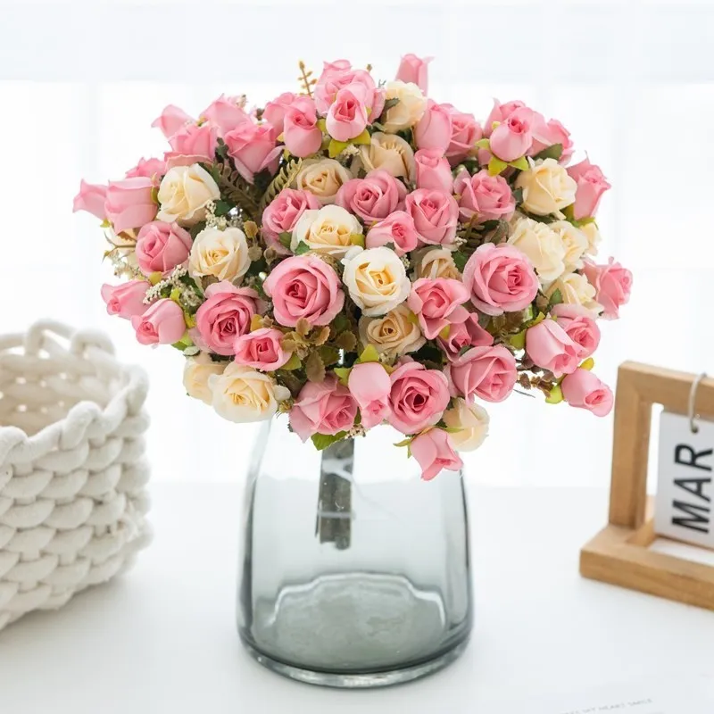 5 Gabeln, 15 Köpfe, künstliche Seidenblumen, Rose, Hochzeit, Brautstrauß, Festival-Dekoration, Zuhause, Raumarrangement, Blumenzubehör – Detail 2