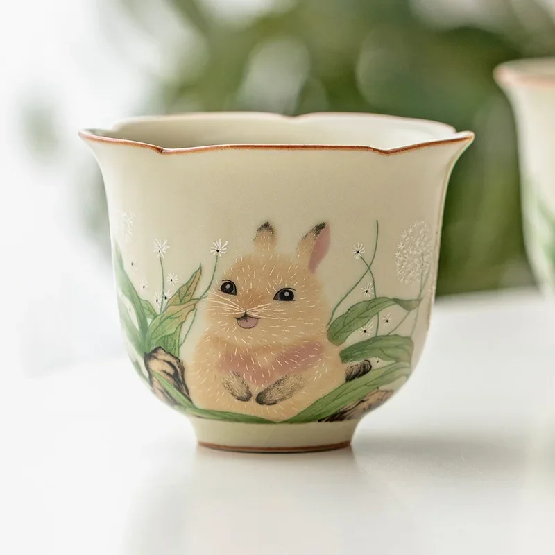 Cute Rabbit Ruyao Teacup Handmade Ceramic Flower Petal Design Gongfu Tea Cup Personal Tasting Cup Home Teaware Tea Lover Gift