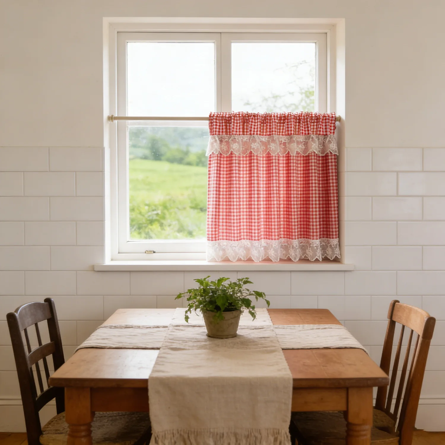 Classic Red Plaid Short Curtain with White Lace Embroidery Trim, American Country Valance Curtain for Kitchen Window Panel