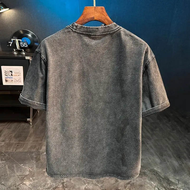 تي شيرت بأكمام قصيرة مطبوع عليه طراز ريترو للرجال في الصيف، قميص كاجوال فضفاض ثقيل الوزن نصف كم برقبة دائرية