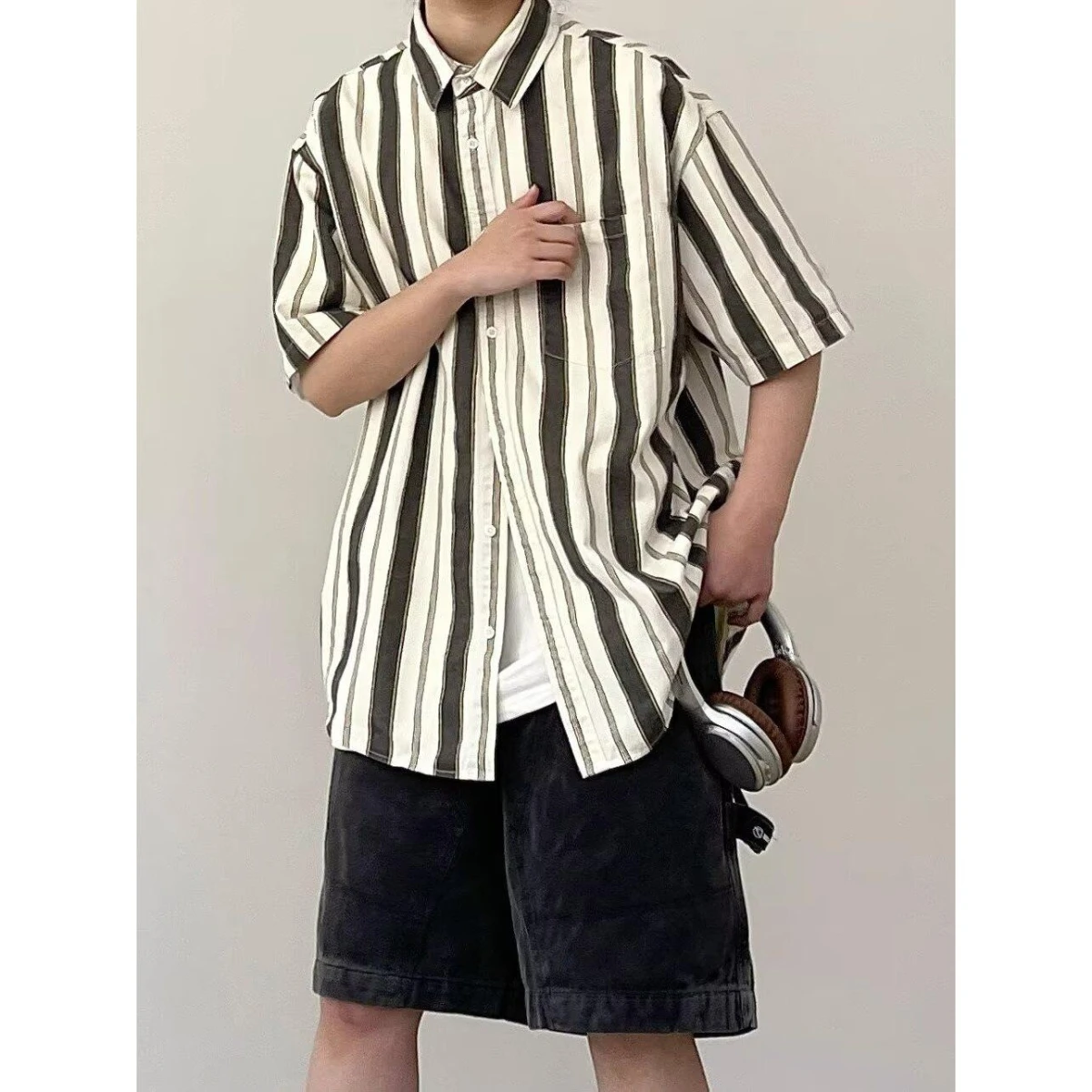 

Мужская летняя повседневная уличная рабочая одежда в винтажную вертикальную полоску, модная, из полиэфирного волокна, приталенная