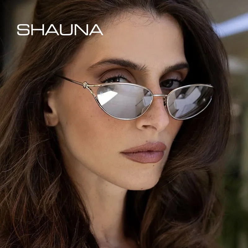 SHAUNA Fashion Metal Women Cat Eye Sunglasses Ins Popular Light Grey Shades UV400