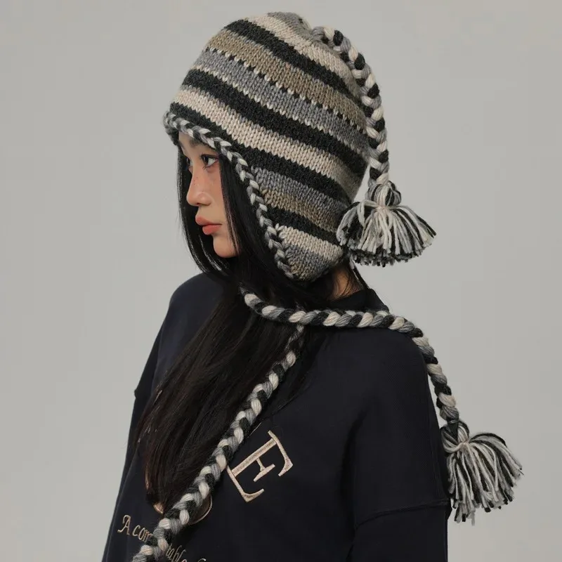 Vintage Handmade Tassel Braid Knitted Hat Women Men Winter Version Stripe Pompom Versatile Thermal Ear Protector Warm Bomber Hat