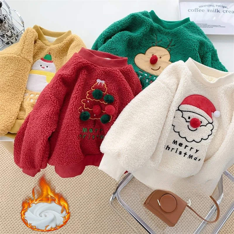 Christmas Kids Lambswool Hoodies Boys Girls Xmas Autumn Winter Clothing Toddler Cartoon Fleece Sweatshirts Children\'s Pullover