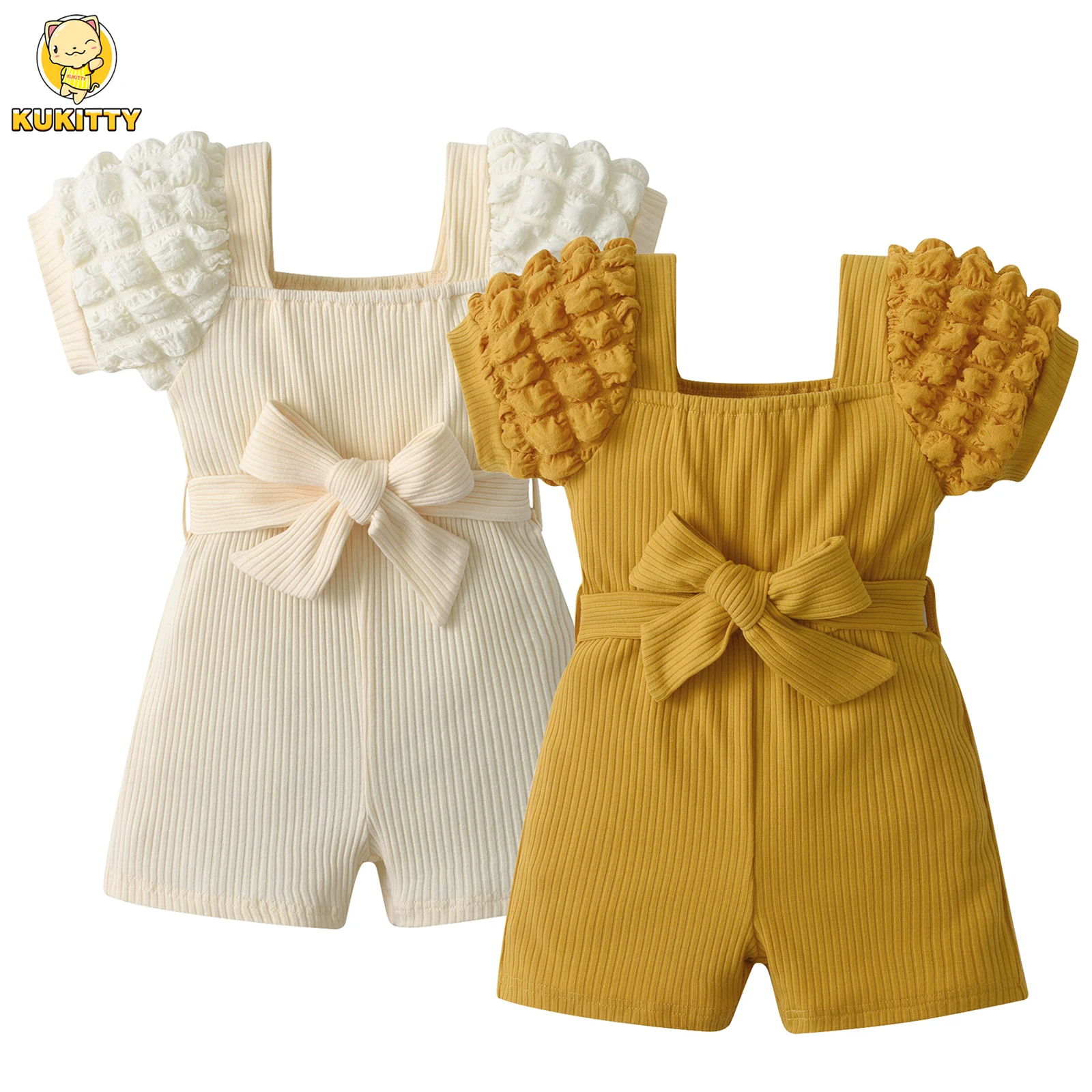 Kids Girls Jumpsuits Birthday Party Clothes Summer New Toddler Baby Girl Cute Puff Sleeve Bowknot Overalls Outfits for 1 2 3Y