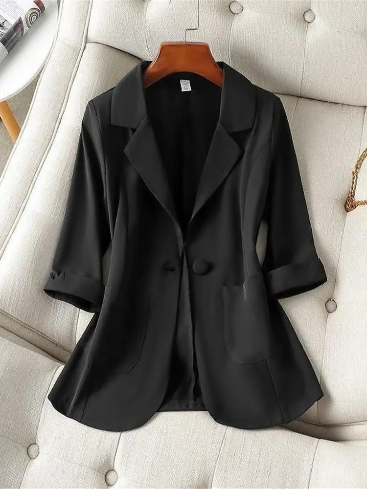 

Ele Thin ort Casual Women's Suit Jaet Spring Summer New Sle Seven-Quarter Sve Slimming Blouse Cleanfit Sle