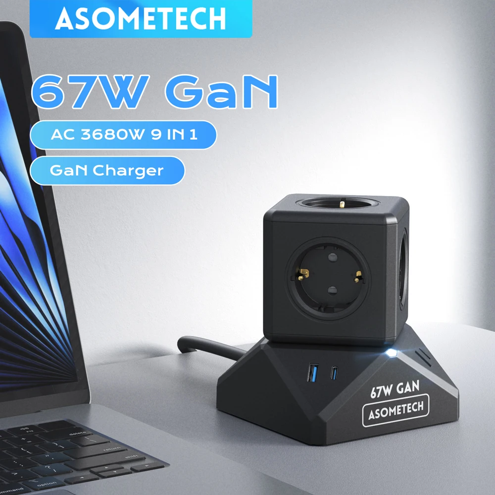 

﻿ Зарядная станция GaN USB-C мощностью 67 Вт с розеткой 3680 Вт, AC-выходами, заземленными розетками EU/KR для дома, офиса, iPhone, Samsung