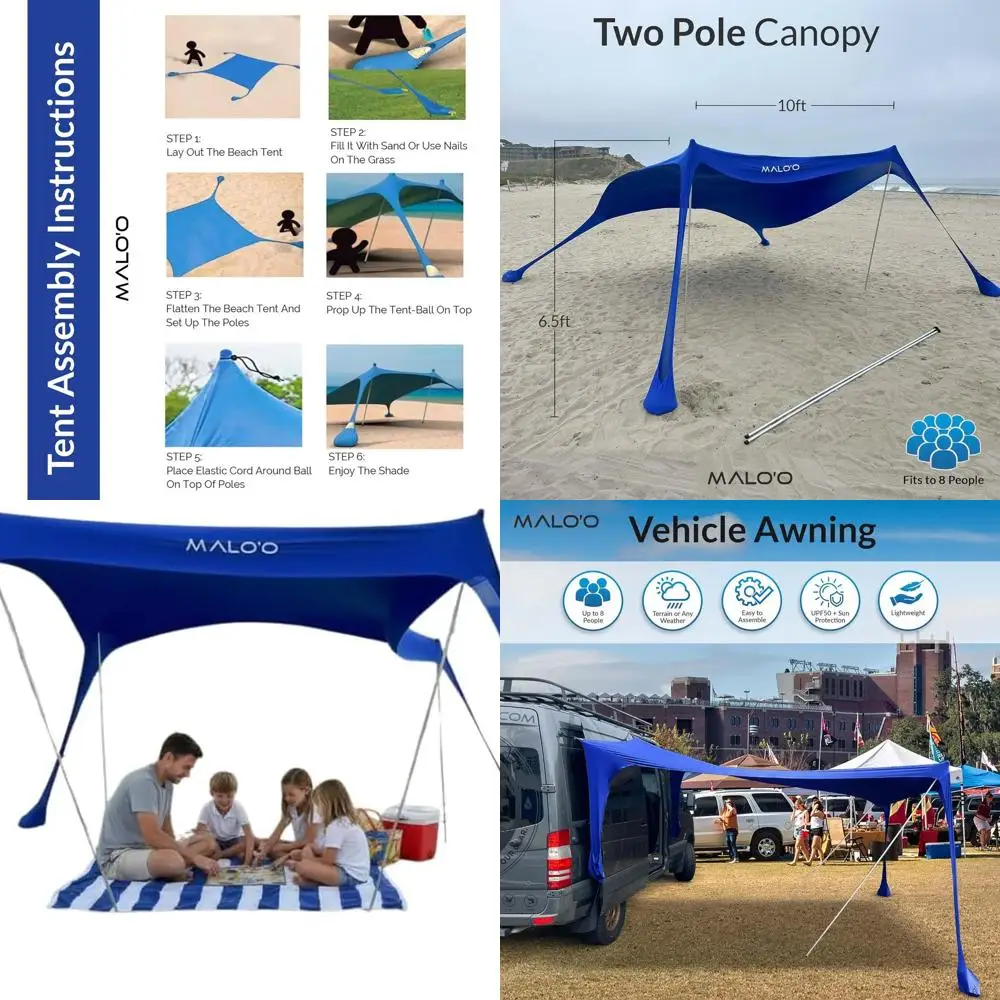 

10x10 Malo'o Dual-Purpose Canopy: UV50+ Beach Tent & Awning for 6-8 People, Water-Resistant, Includes Poles & Cups