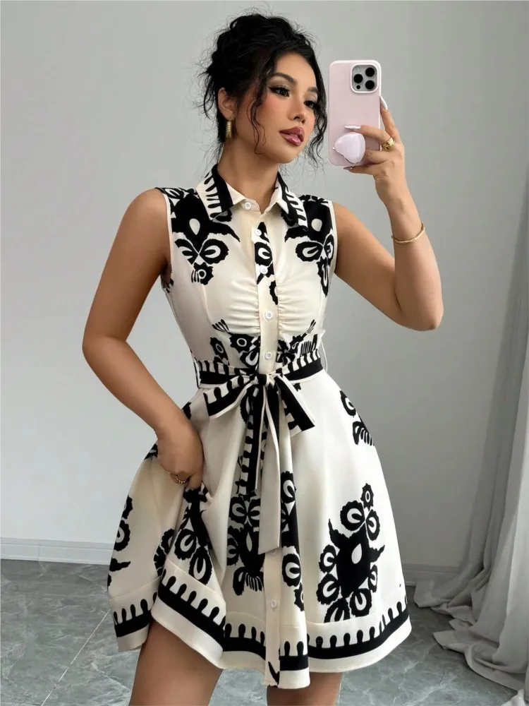 

Women's New Fashion Lapel Tie Slim Print Dress Summer Daily Travel Casual Elegant Temperament Commuting Sleeveless Dresses