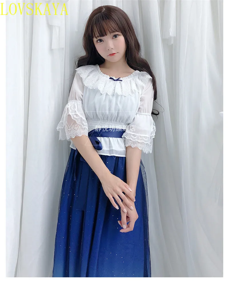 Summer and Spring Gradient Suspender Chiffon Fairy Princess Dress Girl Sweet Anime Loli Role-playing Costume