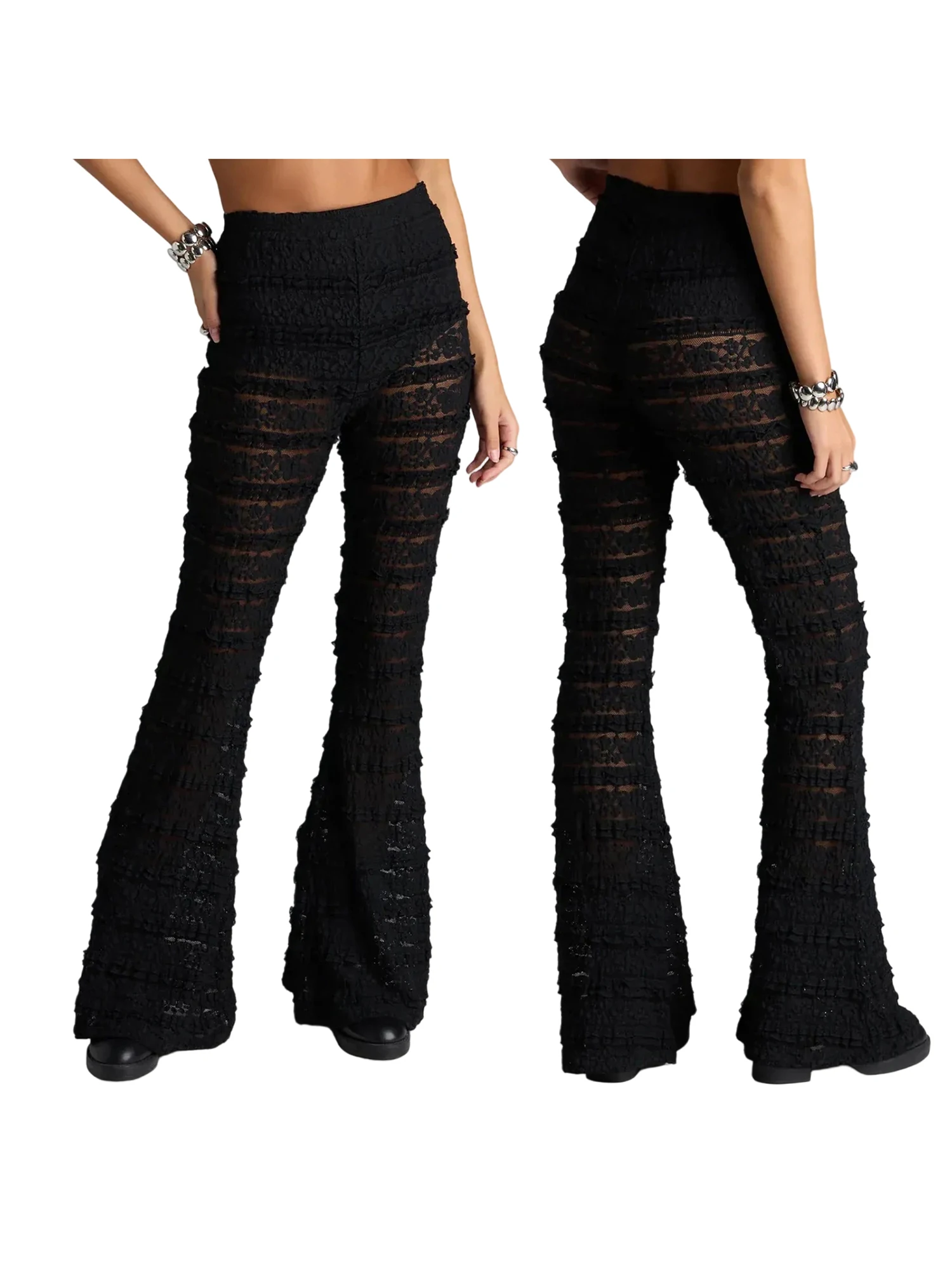 Pantalon élégant en dentelle pour femmes, taille haute, jambes larges, avec broderie florale délicate et détails transparents pour un Look Chic