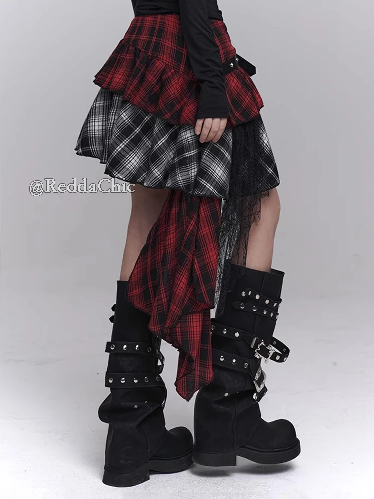 REDDACHiC Belted Low Rise Cake Skirt Women Vintage Tartan Checkered Rivets Asymmetrical Flowy Mini Skirt Punk Grunge Streetwear