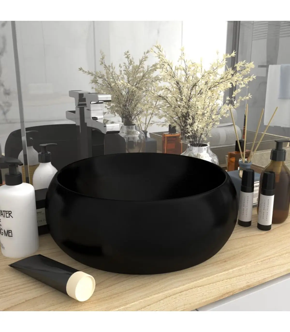 40x15 cm Luxury Round Ceramic Black Matte Washbasin Sinks