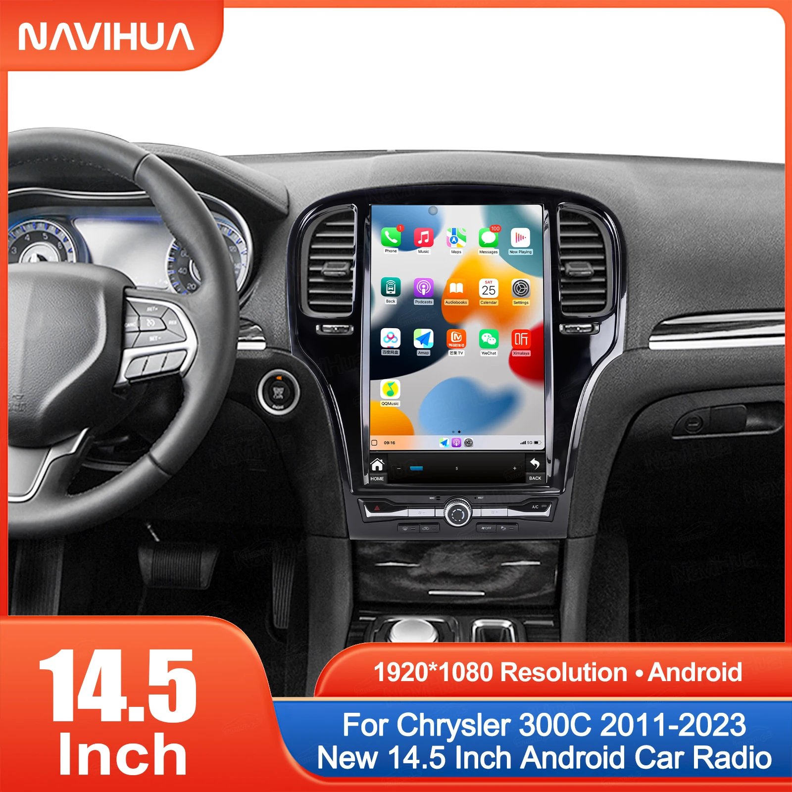

NaviHua 14,5-дюймовый головное устройство с сенсорным экраном для Chrysler 300c 2011 2023, мультимедийный DVD-плеер, мультимедийный DVD-плеер, экран в стиле Tesla