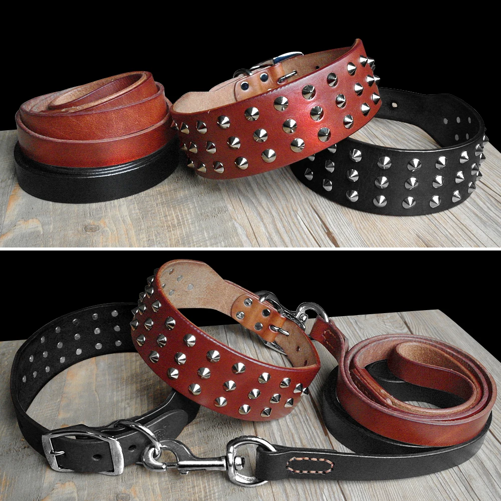 Cool Studded Genuine Leather Pet Dog Collars Leash Set For Medium Large Dog Pitbull  Boxer Bulldog S M L  Black Brown