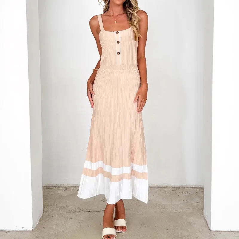 

2025 Summer European American Women Dress Sleeveless Bustier Bodycon High Waist Knitted Long Skirt Vacation
